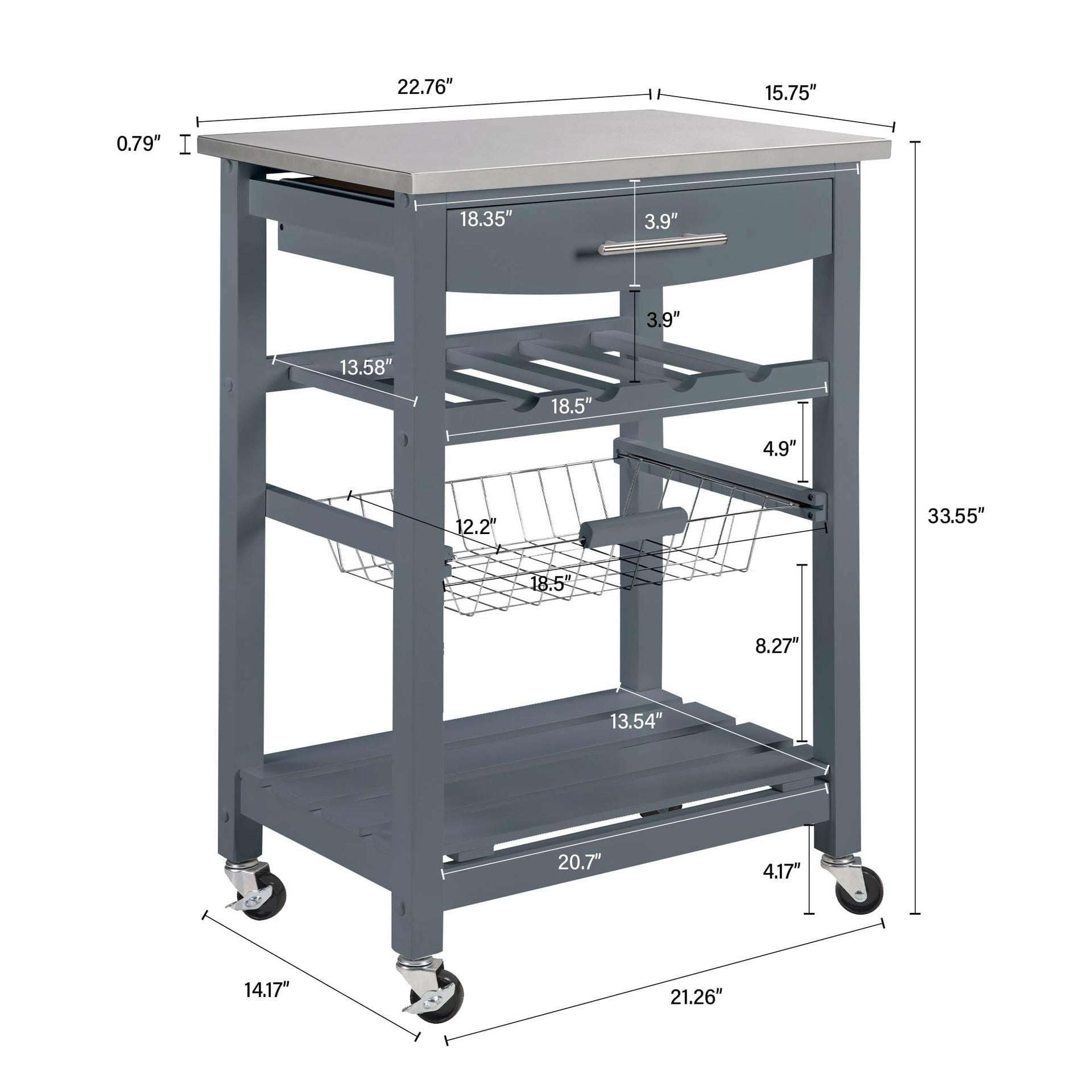Mobile Rolling Kitchen Island Trolley Serving Cart with Underneath Drawer & Slide-Out Wire Storage Basket
