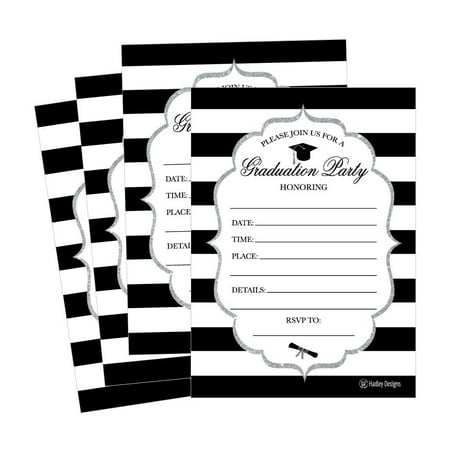 Taco Party Invitations 25 Elegant Graduation Party Announcement Invitations For 2018 College, High School, University Grad Celebration Invite Cards, Black Silver Fill In Invitations For Graduation Party Decorations Supplies ()