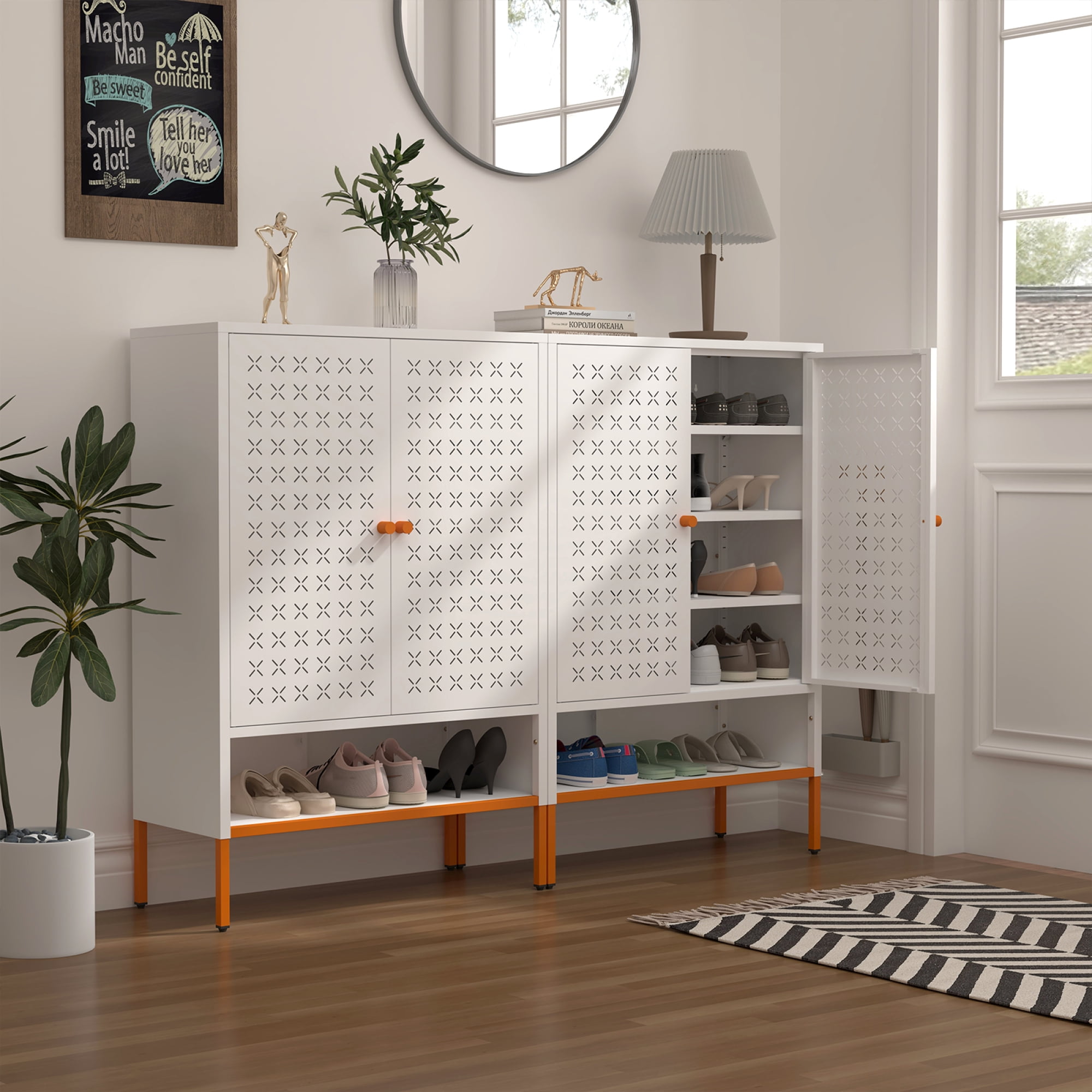 Grid Double Door Shoe Cabinet, 3 Layer Adjustable Compartments for Flexible Storage, Hollow Shoe 15cm Moisture-proof high Foot Design