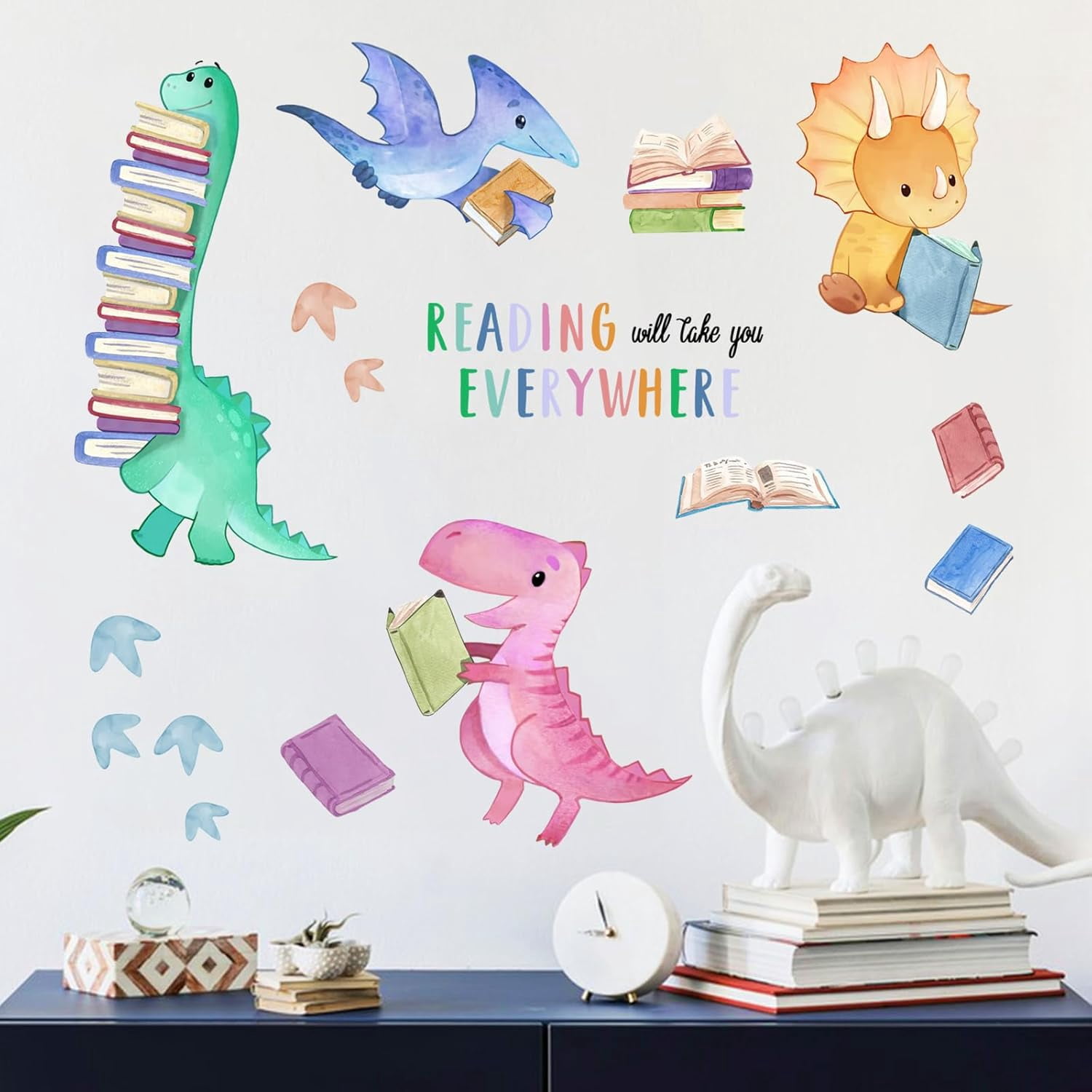 Dinosaur Book Reading Corner Inspirational Wall Decals Stickers, Reading Will Take You Everywhere Toddler Nursery Classroom Decor, Positive Quote Home Decorations Kids Bedroom Study Room Art