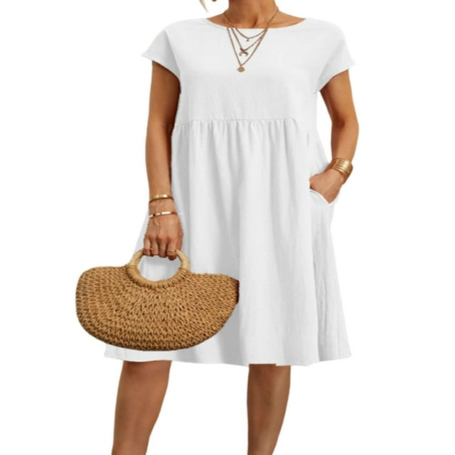 CHOK Women Short Sleeve A-Line Short Casual Pockets Linen Dress