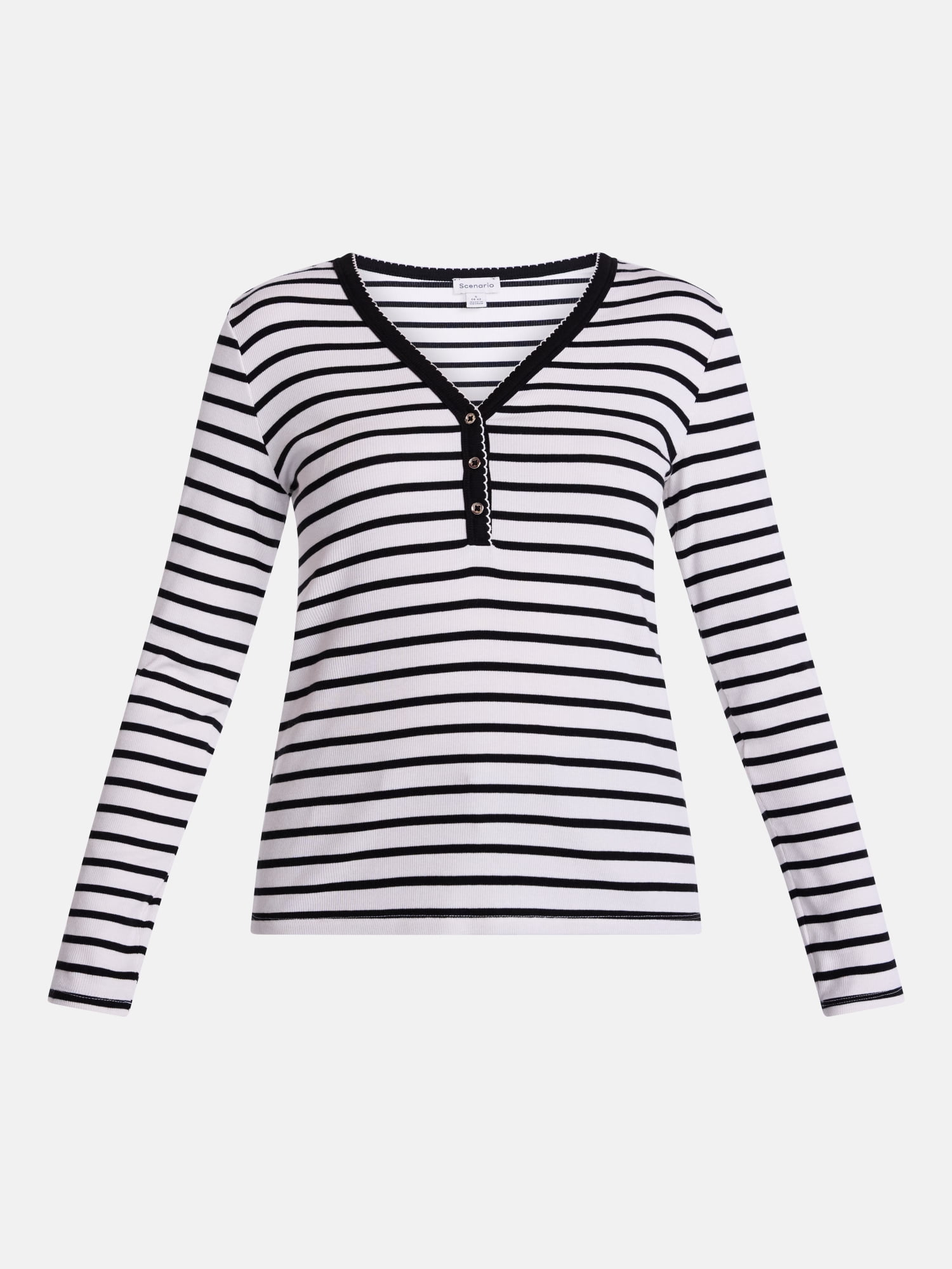 Scenario Women's and Women's Plus Striped Henley Shirt with Long Sleeves, Sizes XS-4X