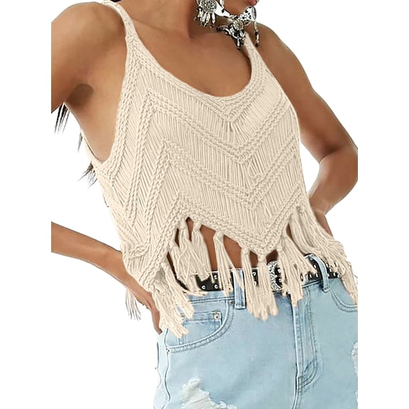 Women'S Fringe Camis Western Cowgirl Tassel Tank Tops Sleeveless V-Neck Crochet Top Spaghetti Straps Vest S