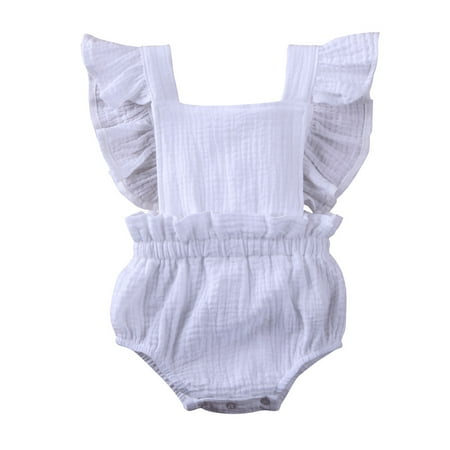 

Canrulo Newborn Baby Girl Romper Sleeveless Ruffle Jumpsuit Backless Strap Bodysuit Summer Clothes White 6-12 Months