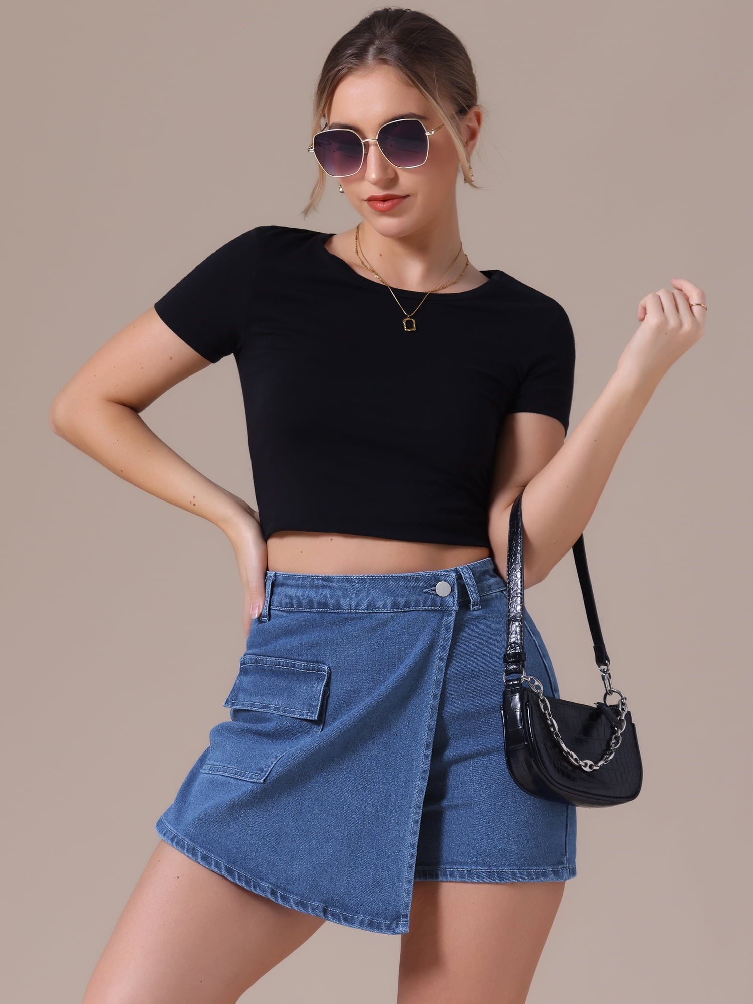 DARING DIVA Women's High Waist Western Asymmetrical Denim Cargo Skirt S Dark Blue