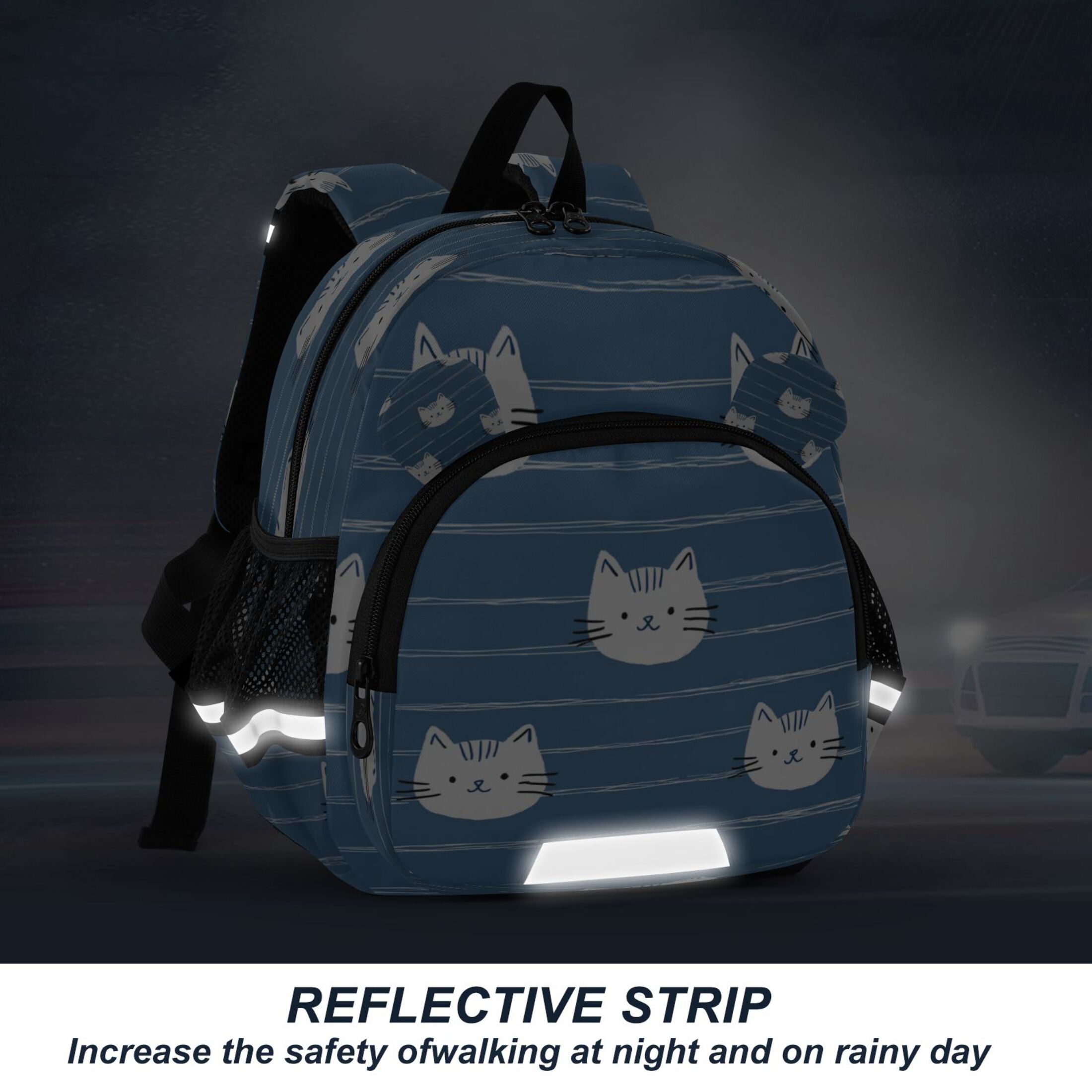 RMDQTR Adorable Ear-Print Backpack with Reflective Strip and Anti-Lost Leash Adjustable Shoulder Straps Mini Travel Backpack Cat Face Seamless Pattern
