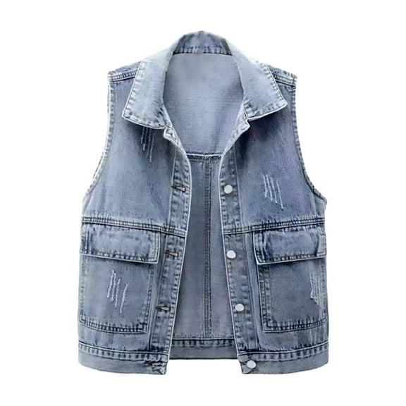 Texiao Sleeveless Women'S Tops, Wide Neck Womens Fall Jackets, Blue Womens Work Tops, Women's Distressed Cropped Denim Vest Button Down Casual Loose Sleeveless Washed Jean Jacket
