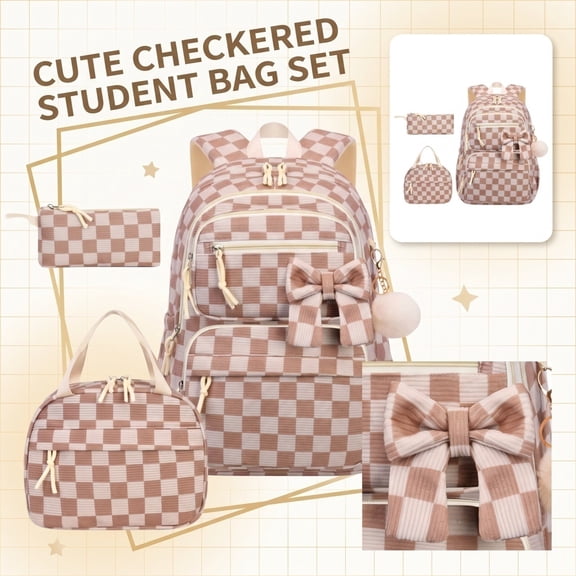 School Backpack For Girls School Bag 3 In 1 Coquette Checkered Corduroy Backpack Set With Bow Insulated Lunch Bag And Pencil Pouch Lightweight School Supplies For Teen Girls Students