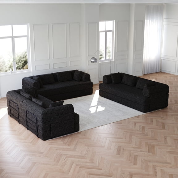 78.7-Inch Convertible Sleeper Sofa Bed with Chenille Fabric and Storage Pocket, Foldable Floor Lounge Couch with Cylindrical Pillows for Small Spaces