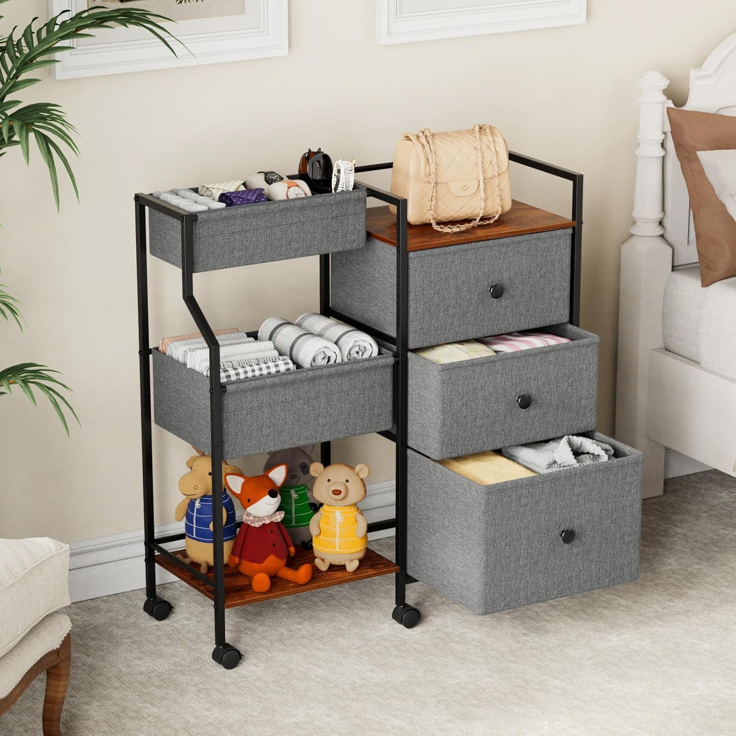 3 Tier Diaper Organizer & Storage Cart for Nursery, Bedroom, Changing Table with Dividers & Drawers