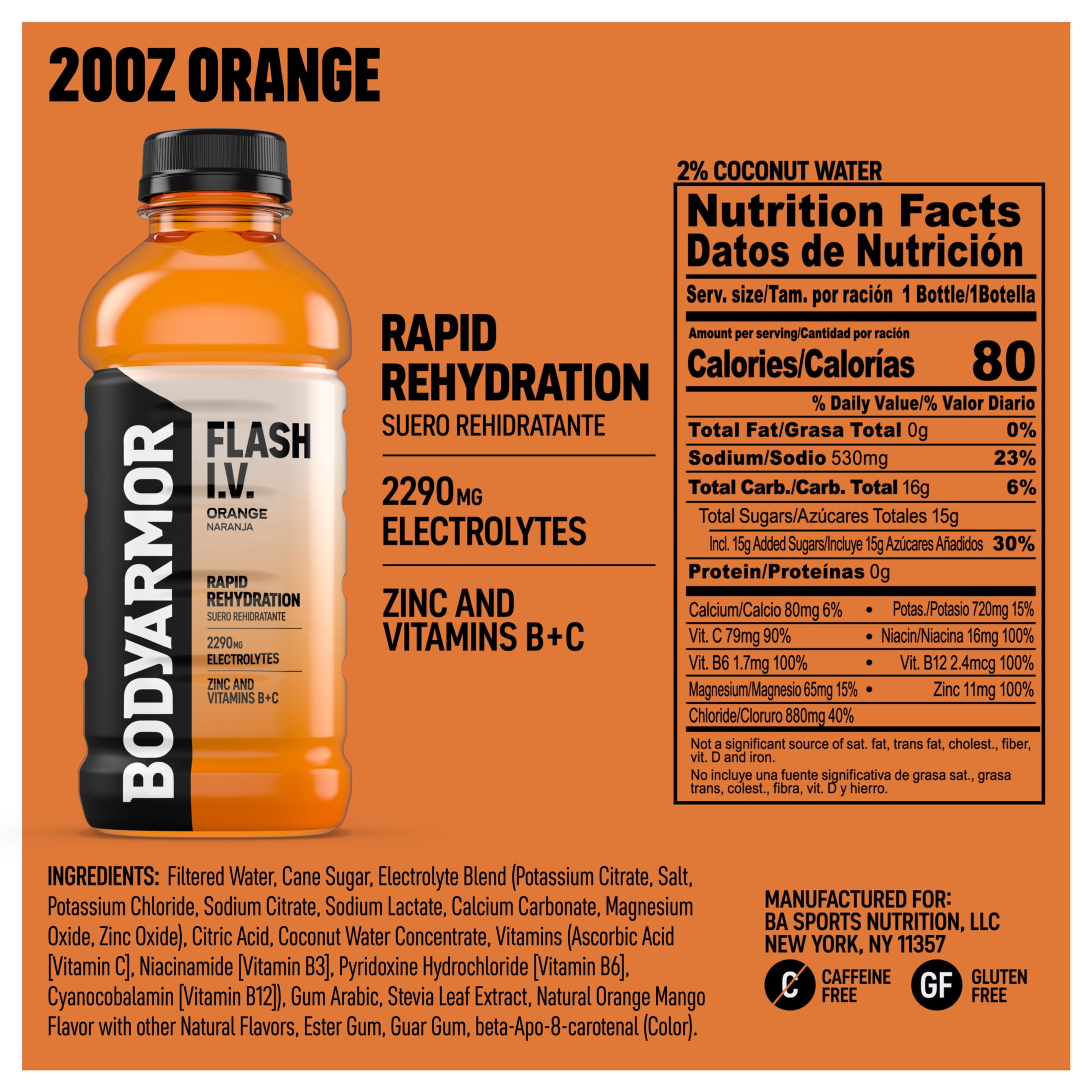 (3 pack) BODYARMOR Flash I.V. Orange Electrolyte Sports Drink Bottle, 20 fl oz