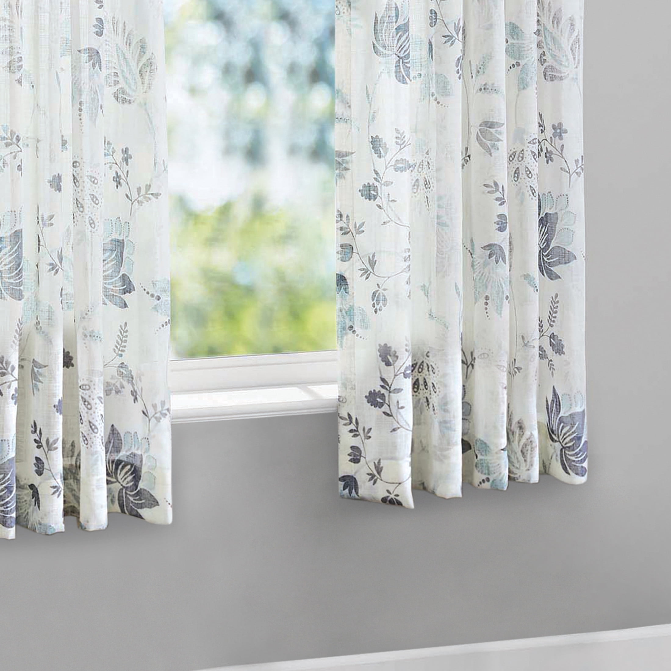 Mainstays Blue Floral 100% Cotton Indoor Sheer Rod Pocket Single Curtain Panel , Light Blue, 50" W x 63"L