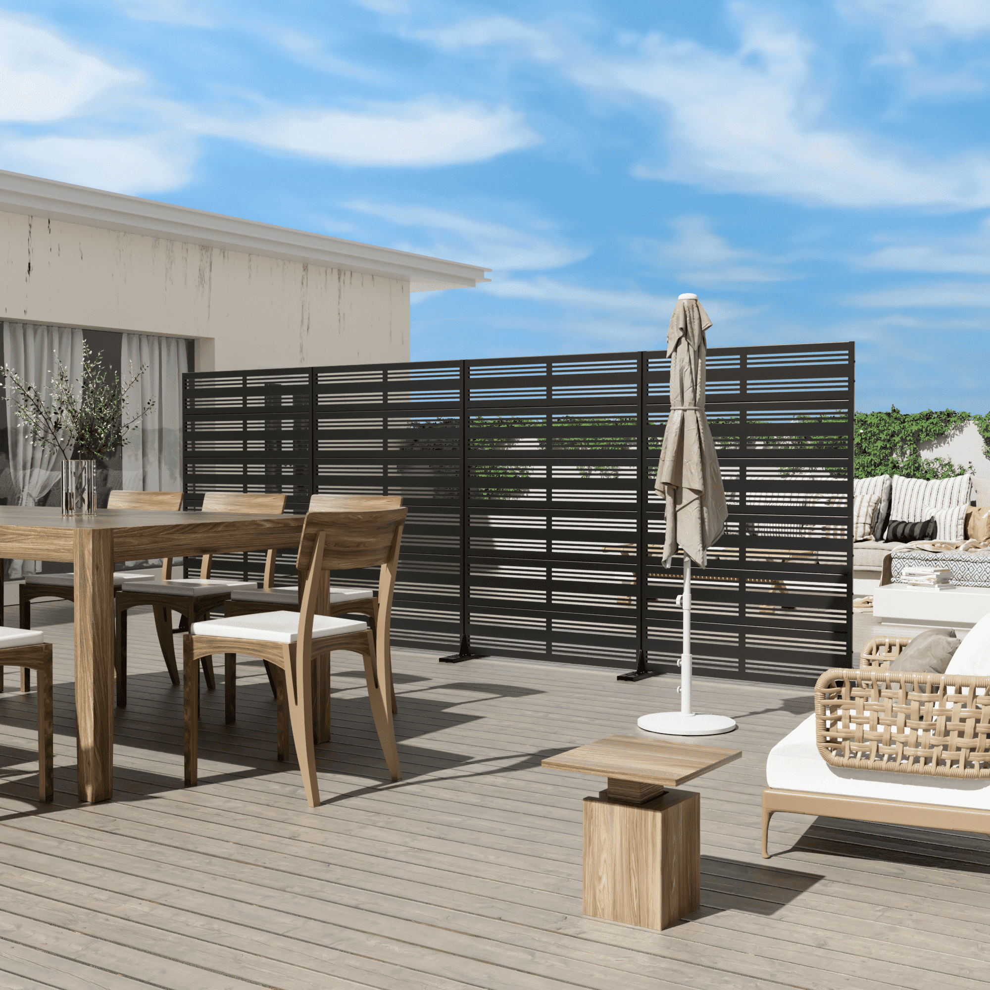 MAYEERTY 72*47" Outdoor Black Metal Freestanding Panel Screen for Patio, Wide-Narrow Slat Pattern