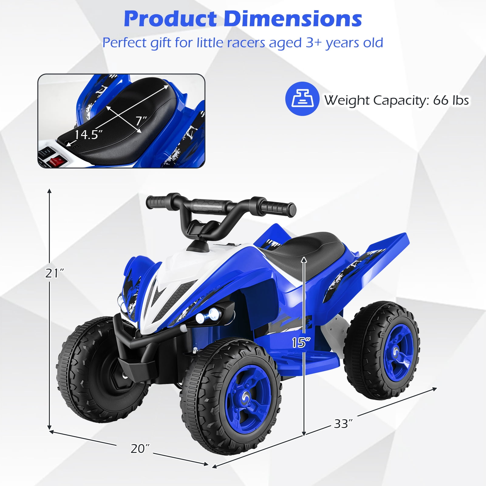 Costway 12V Quad 4 Wheeler Ride on Toy with Music, Light, USB Port, Wireless Connection Navy