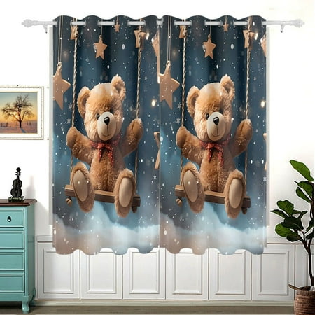 Teddy Bear Stars Starry Sky Blackout Curtain Panels 63x55in Drapes Privacy Assured for Living room Bedroom Bathroom 2 panels set