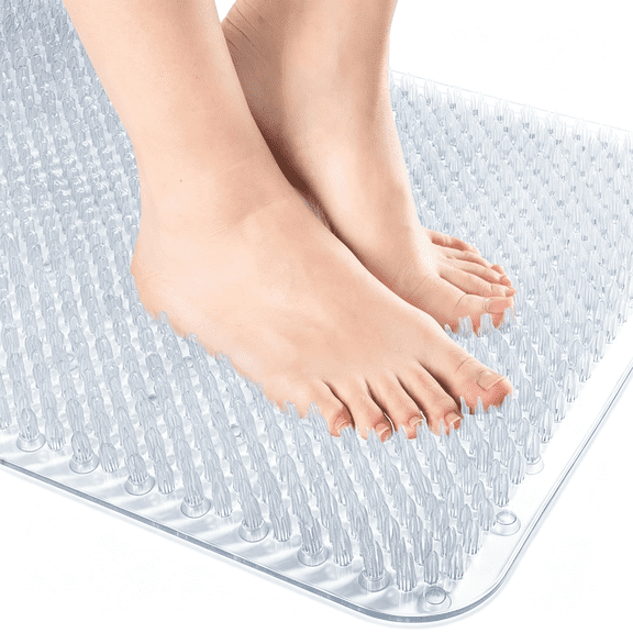 RLESO Non Slip Grassy Bathtub Mat: 25.6X13.4 Inches Sturdy But Soft Bath Mat_Quick Drain Shower Floor Mat with Soft Bristles for Scrubbing Feet (Clear)