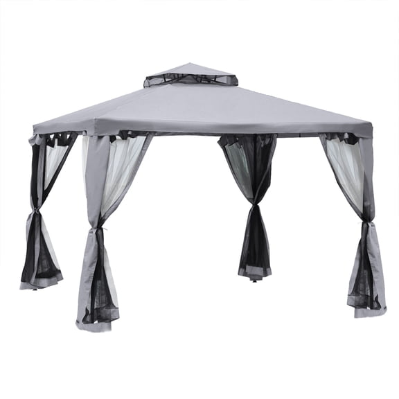 9.6 x 9.6 ft Outdoor Patio Gazebo with 2-Tier Roof and Mesh Netting, Gray Steel Canopy Shelter for Garden, Lawn, Backyard