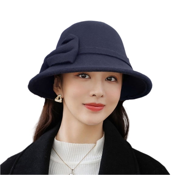 Classic Felt Fedora Hat for Women Fall Winter Soft Elegant Bow Bucket Hat Cozy Short Brim Cap Navy