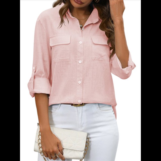 Camisas de con Botones para Mujer, Blusa de Larga, Informal, para Trabajo o Oficina. Rosa XXL