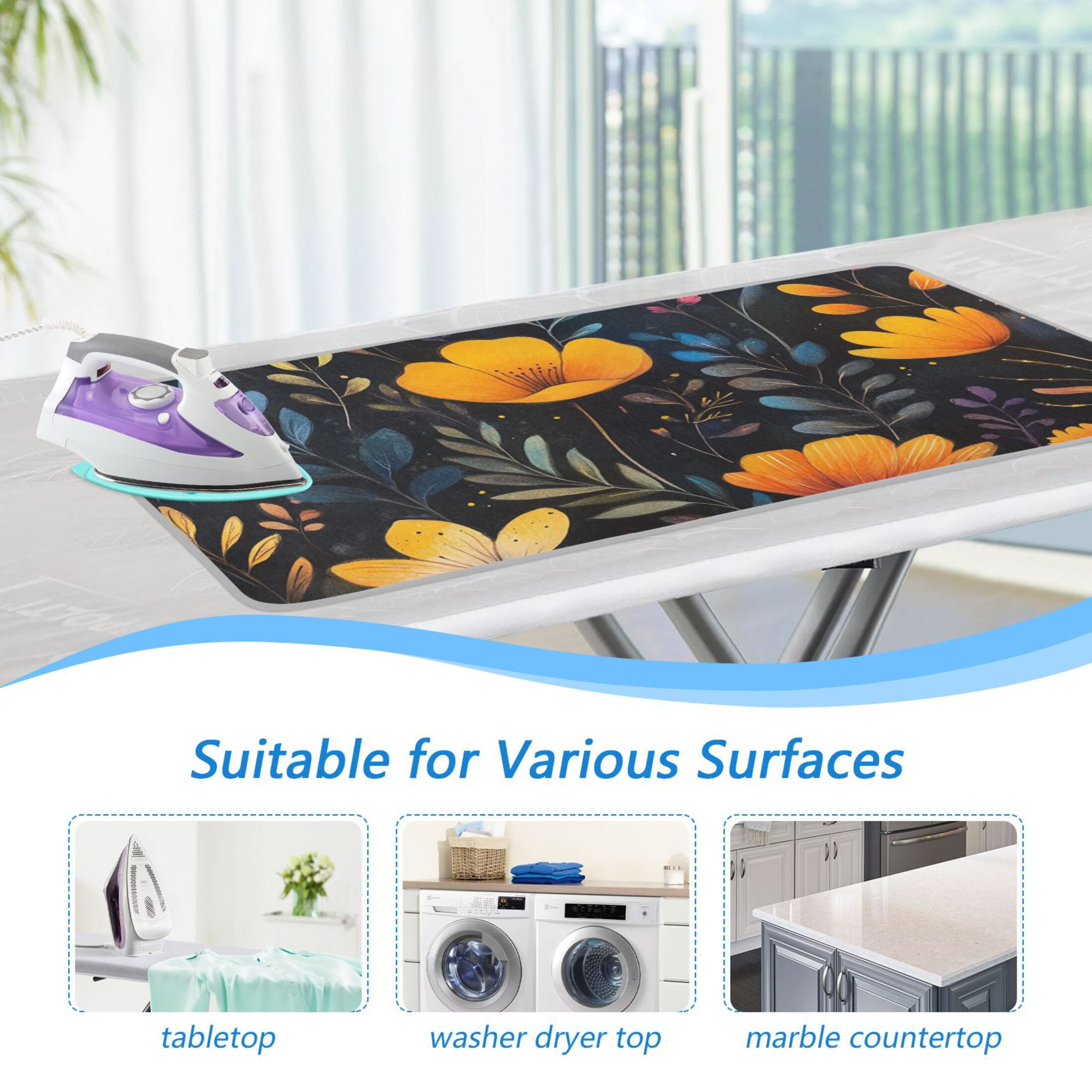 Flowers with Leaves Hand Drawn Ironing Mat Blanket for Table Top Travel Portable Ironing Board Pad 47.2x27.6 Inch