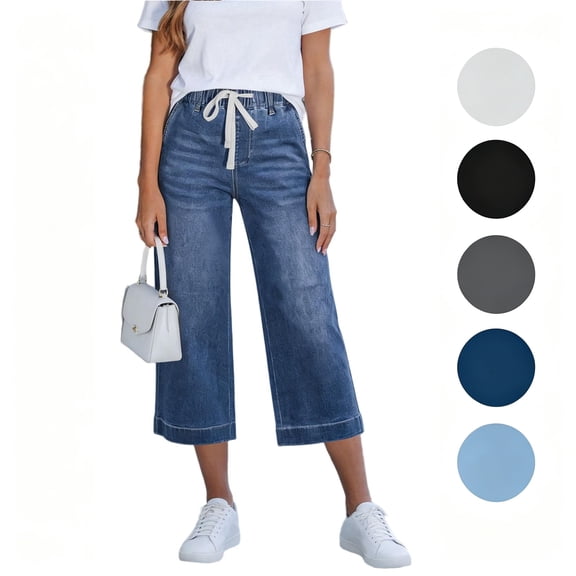 POROPL Jean Capris for Women,Wide Leg Drawstring Elastic Waist Jeans with Pockets Summer Pants
