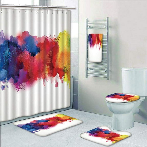 PRTAU Abstract Vibrant Stains of Watercolor Paint Splatters Brushstrokes Dripping Liquid 5 Piece Bathroom Set Shower Curtain Bath Towel Bath Rug Contour Mat and Toilet Lid Cover