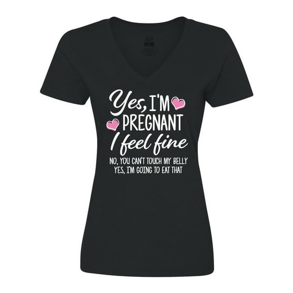 Inktastic Yes I'm Pregnant I Feel Fine No You Cant Touch My Belly Women's V-Neck T-Shirt