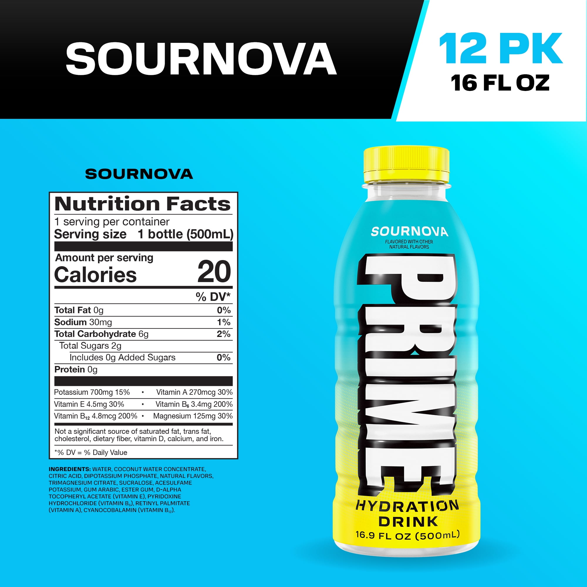 Prime Hydration Sports Drink, Sournova, 16.9 fl oz, 12 Pack, Bottles