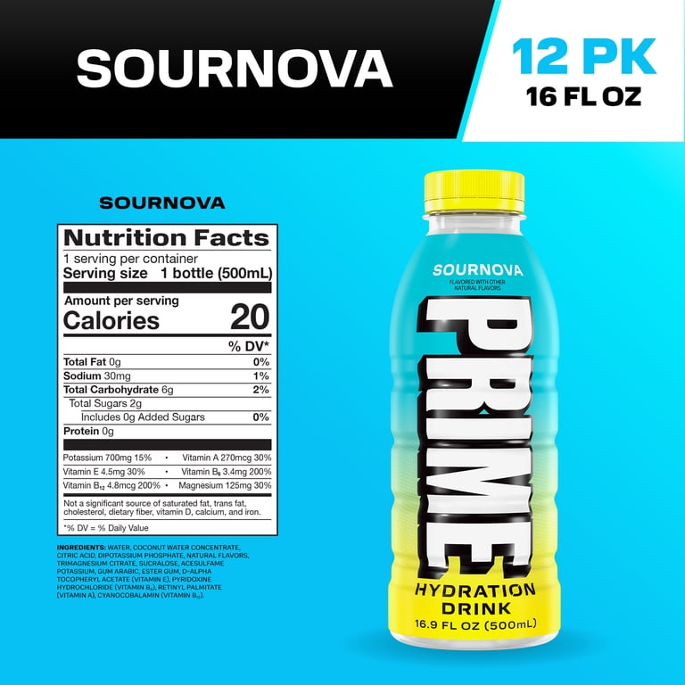 Prime Hydration Sports Drink, Sournova, 16.9 fl oz, 12 Pack