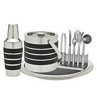 Modern Stripe 7-Piece Leather Stainless Steel Home Bar Cocktail Drink Tool Kit Set with Ice Tongs, Ice Bucket, Bottle... by Godinger Silver Art