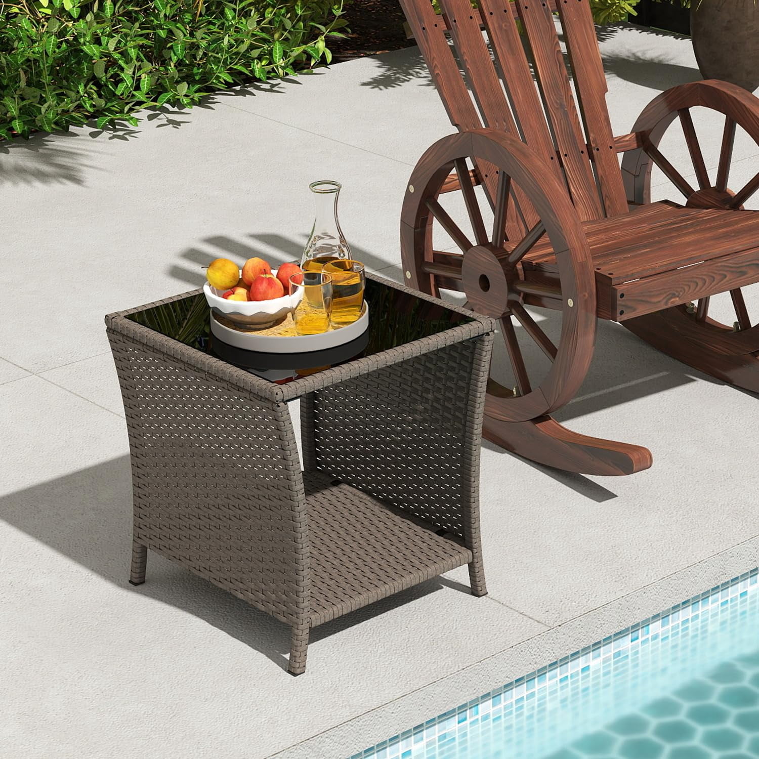 Kinsuite PE Rattan Patio Side Table - Outdoor Wicker End Table with Black Glass Top, Rattan Coffe Table in Iron Frame for Backyard Balcony Poolside, Dark Brown