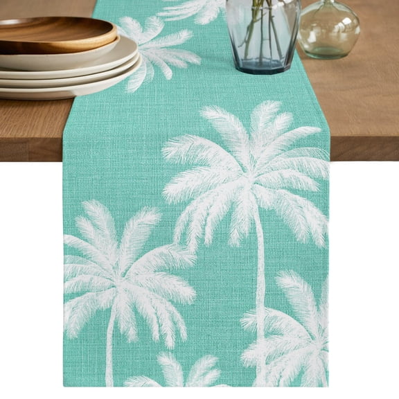 Teal Palm Trees Short Table Runner 36 Inches Long,Farmhouse Tropical Summer Beach Cotton Linen Table Runners Dresser Scarves,Fabric Tabletop Scarf Furniture Cover for Home Dinner Party Decor 13"x36"