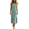 thumbnail image 6 of Wedding Guest Dresses for Women Solid Color Round Neck Sleeveless Maxi Dress with Pockets and Side Slits Fashion Outfit M, 6 of 7
