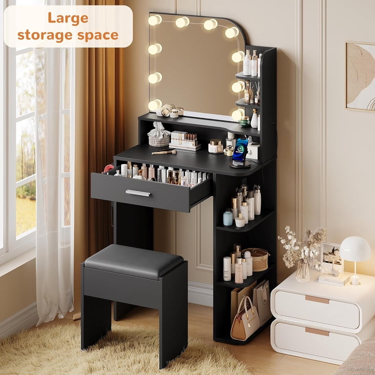 small black dressing table Akaber Vanity Set with Mirror Lights, 26.4