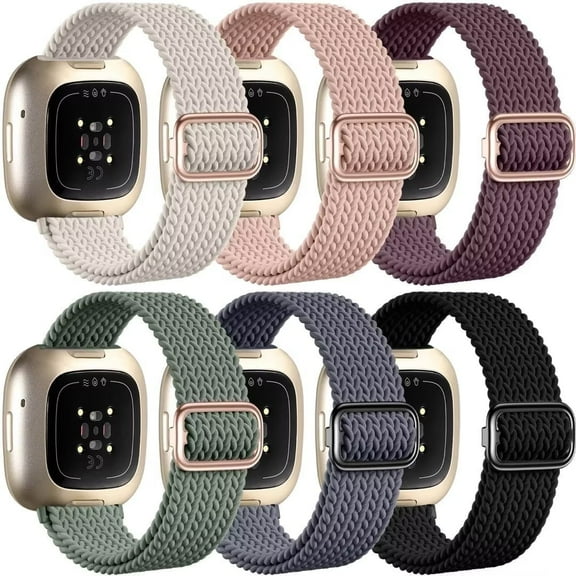 Comvin 6 Pack Braided Elastic Band Compatible with Fitbit Versa 4/Fitbit Versa 3/Fitbit Sense/Fitbit Sense 2 Bands Women Men, Adjustable Stretchy Solo Loop Nylon Sport Straps Wristband