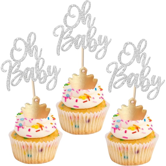 10pcs Oh Baby Cupcake Toppers Glitter Baby Shower Cupcake Picks Gender Reveal Cake Decorations for Boys Girls Baby Shower Birthday Party Decorations Silver