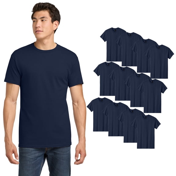 Gildan Men's Short Sleeve Heavy Cotton T-Shirt, Classic Fit, Navy, 12 Pack, Crewneck Bulk Tee, S