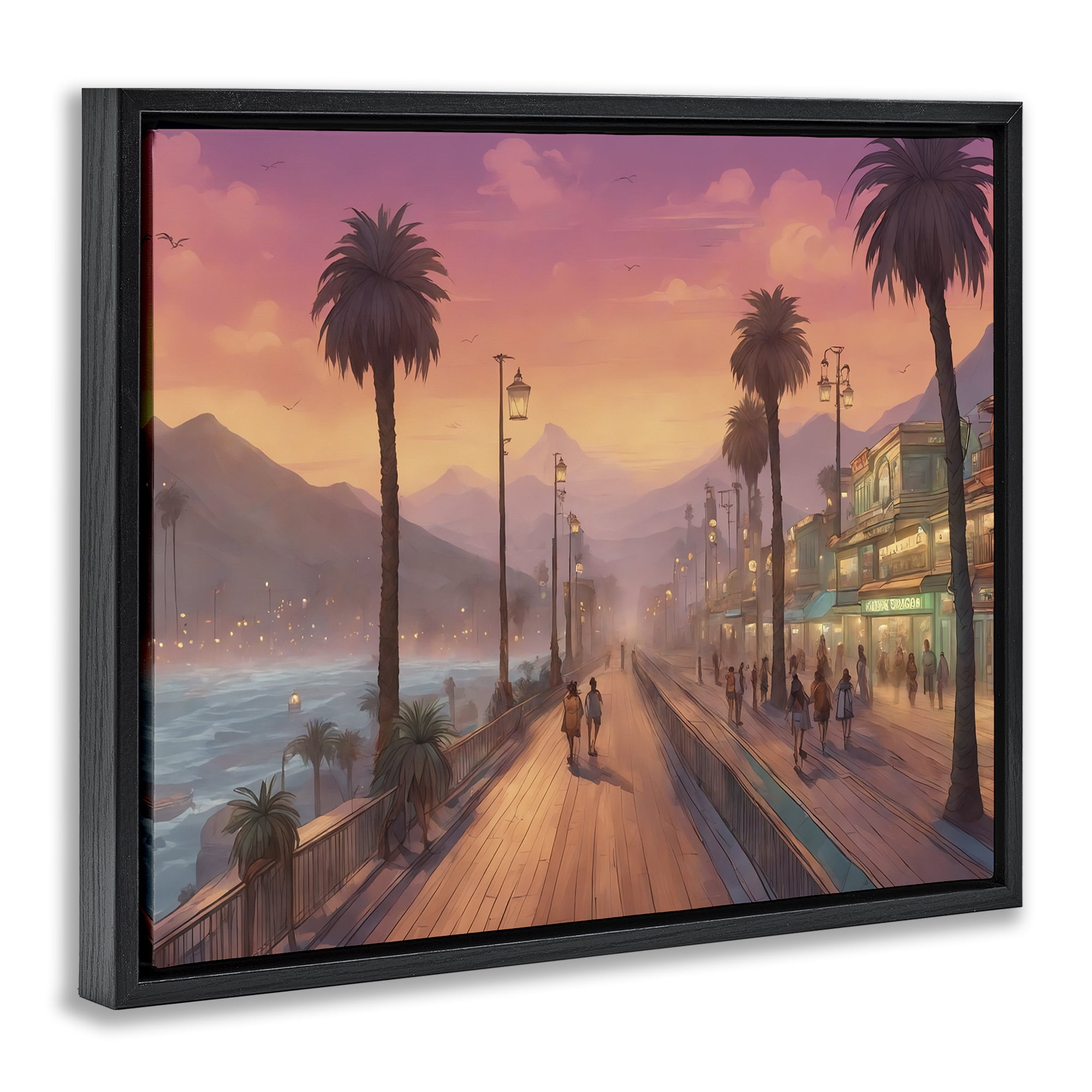 Stupell Industries Busy Tropical Boardwalk Landscape & Nature Painting Black Floater Framed Canvas Art Print Wall Art, 21 x 17