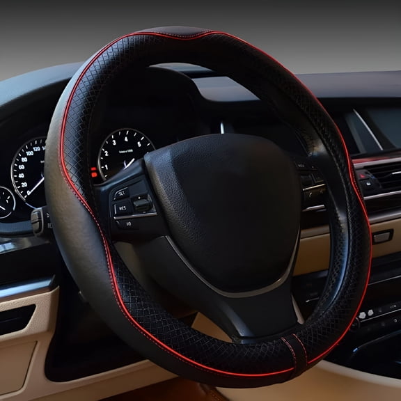RIONIMA Car Steering Wheel Cover,Anti-Slip,Safety,Soft,Breathable,Heavy Duty,Thick,Full Surround,Sports Style (Black with Red Line)