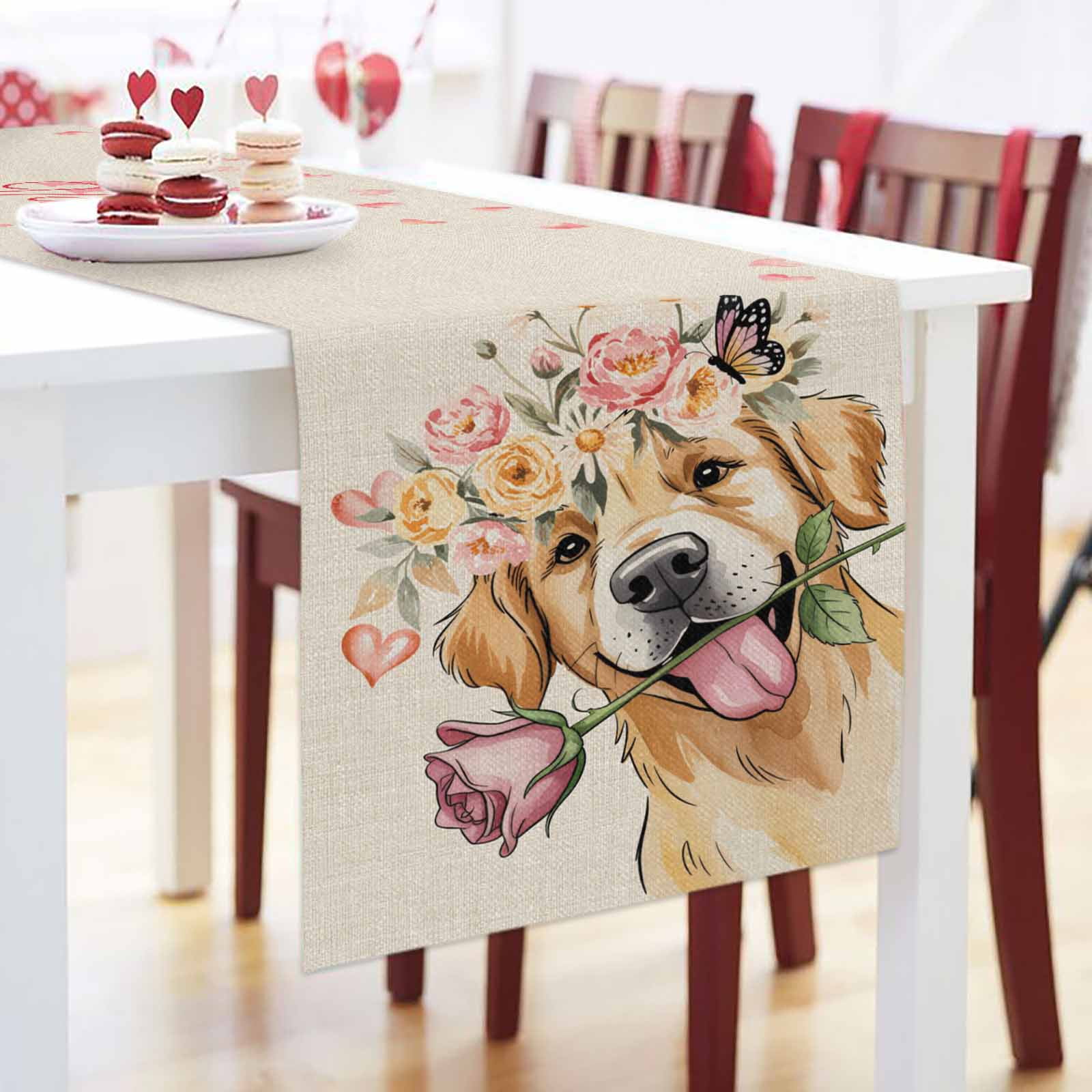 Valentine's Day Dog Table Runner, Rose Golden Retriever Red Love Heart Linen Texture Washable Cotton-linen Table Runners Dining Kitchen Decoration for Everyday Home Wedding Party Decor, 13 x 90 Inch