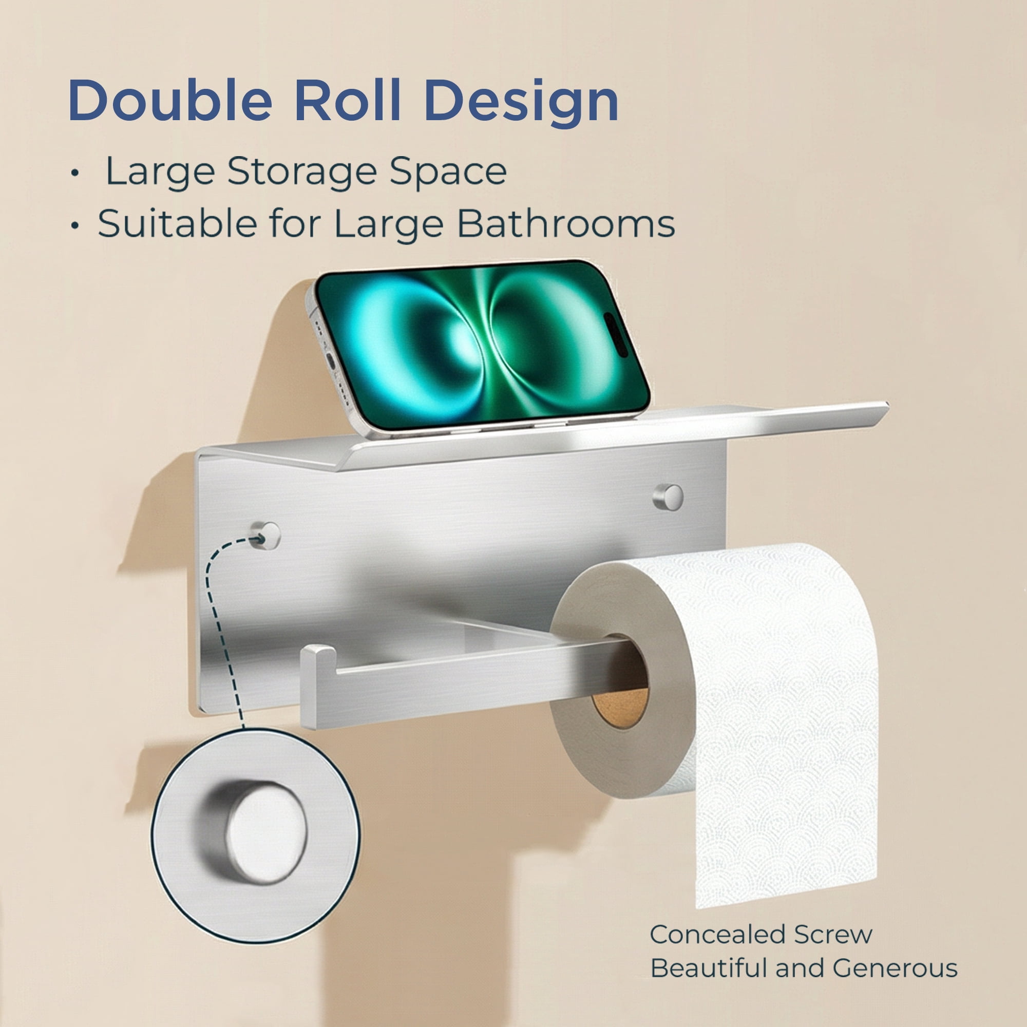 TVOFEK Wall Mounted Toilet Paper Holder with Shelf, Brushed Nickel Stainless Steel Double Tissue Roll Holder Fits Mega Rolls for Bathroom Kitchen RV