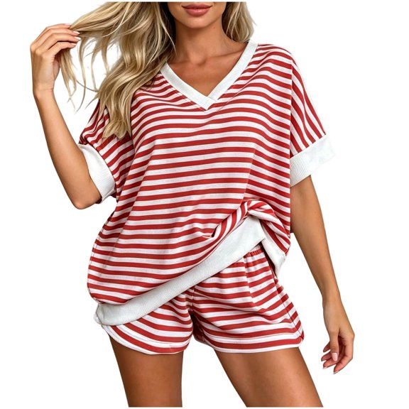 Enjoytime Striped Outfits for Women V Neck Short Sleeve Shorts 2 Piece Sets Summer Casual Matching Set