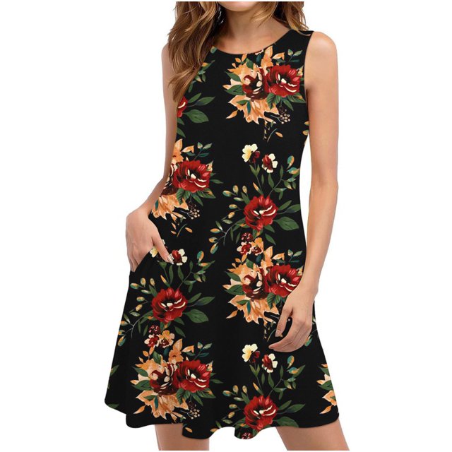 drppepioner Robes d'Été pour Femmes Plage T-Shirt Floral Robe d'Été Décontractée Poches Boho Robe Débardeur Robes d'Été de Plage
