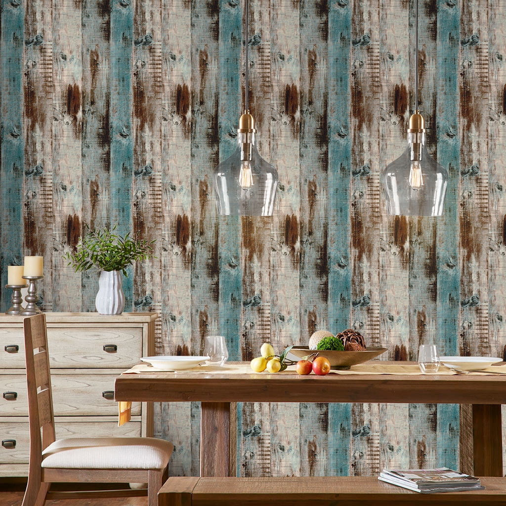 Vintage Woods Panel Wallpaper Rolls Blue/Brown Peel and Stick Wall Paper Murals Barnwood 17.7"x 19.7ft