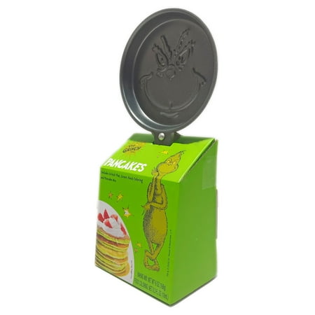 Dr. Seuss The Grinch Holiday round pancake pan with pancake mix and .03 oz of Green Coloring Included in box