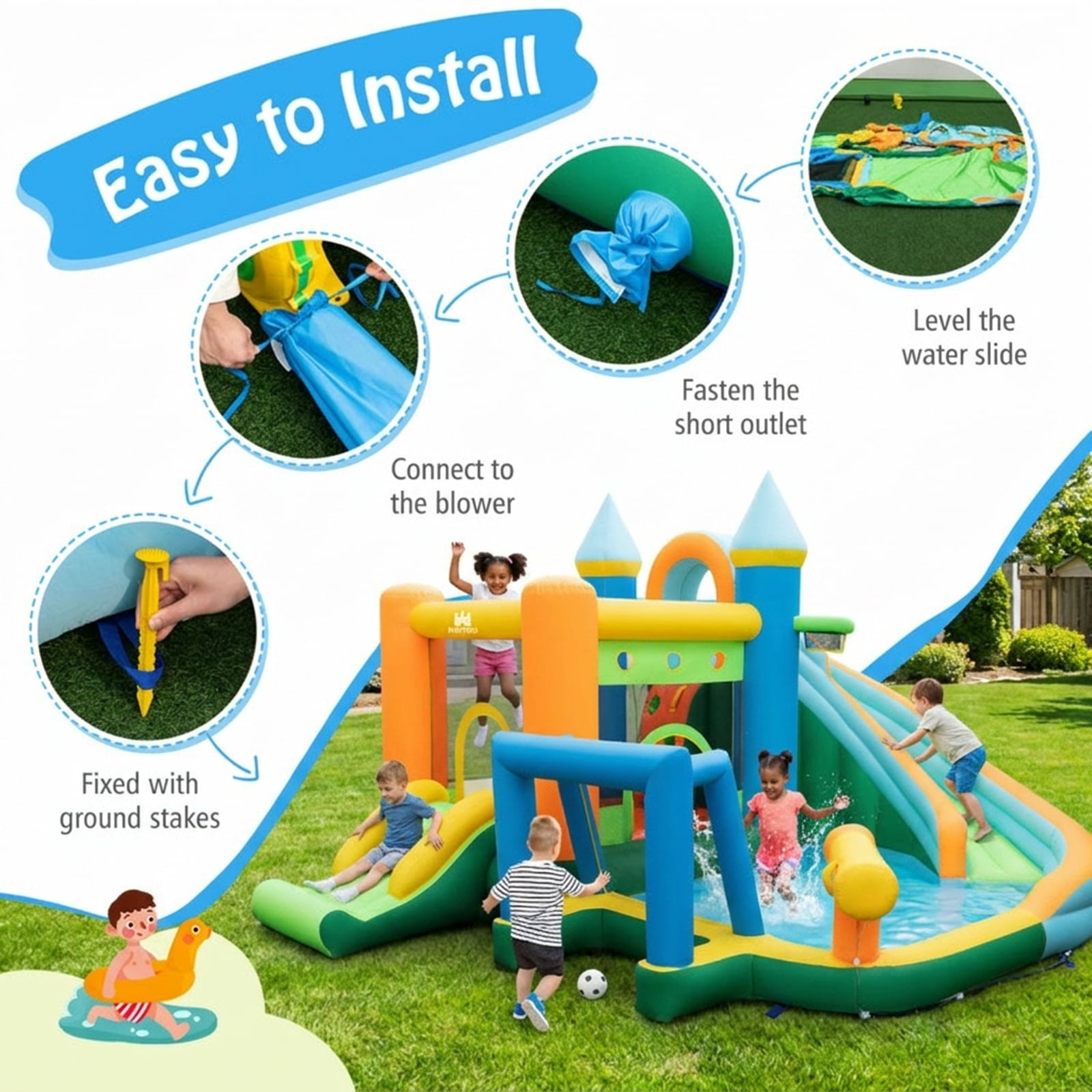 Redsmile Inflatable Water Slide Bounce House with Dual Slides and Splash Pool, Backyard Water Slide with Basketball Rim, Soccer Goal and Ball Pit for Kids Ages 3-10 (Without Blower)