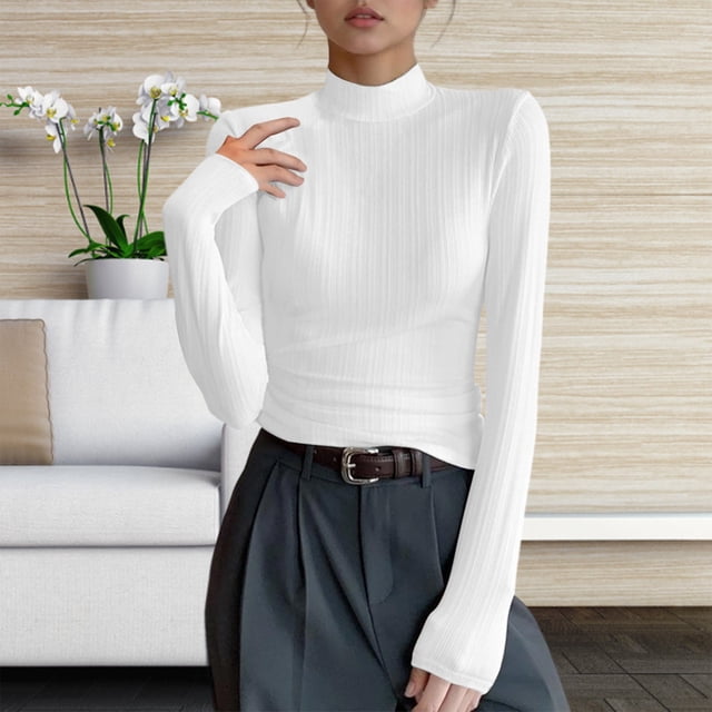 Chandail à Col Roulé à Manches Longues pour Femme Automne Hiver Ajusté sous-Maillots Hauts Blanc TG