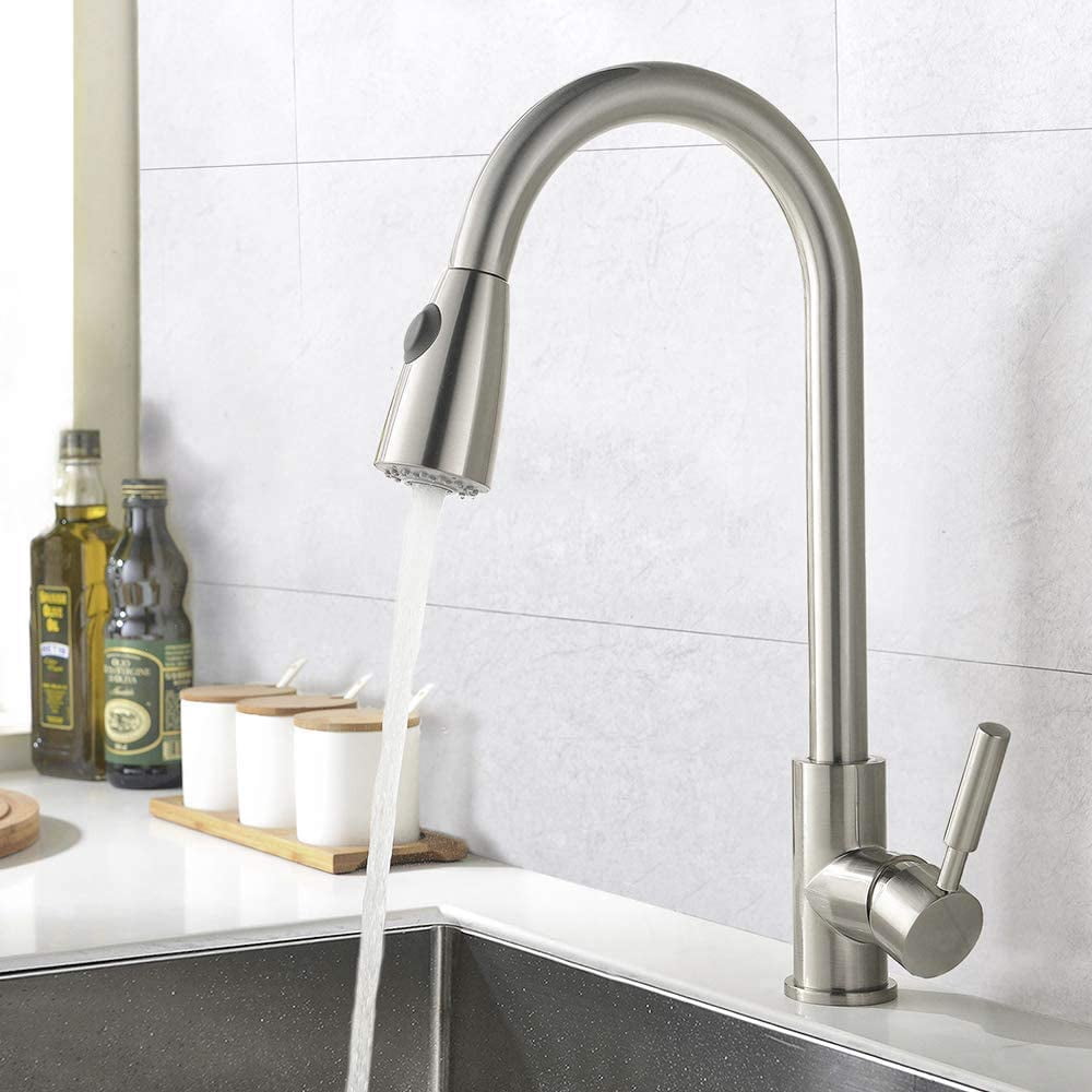 TekDeals Commercial Kitchen Sink Faucet Pull Out Sprayer Mixer Tap Brushed Nickel Single Handle