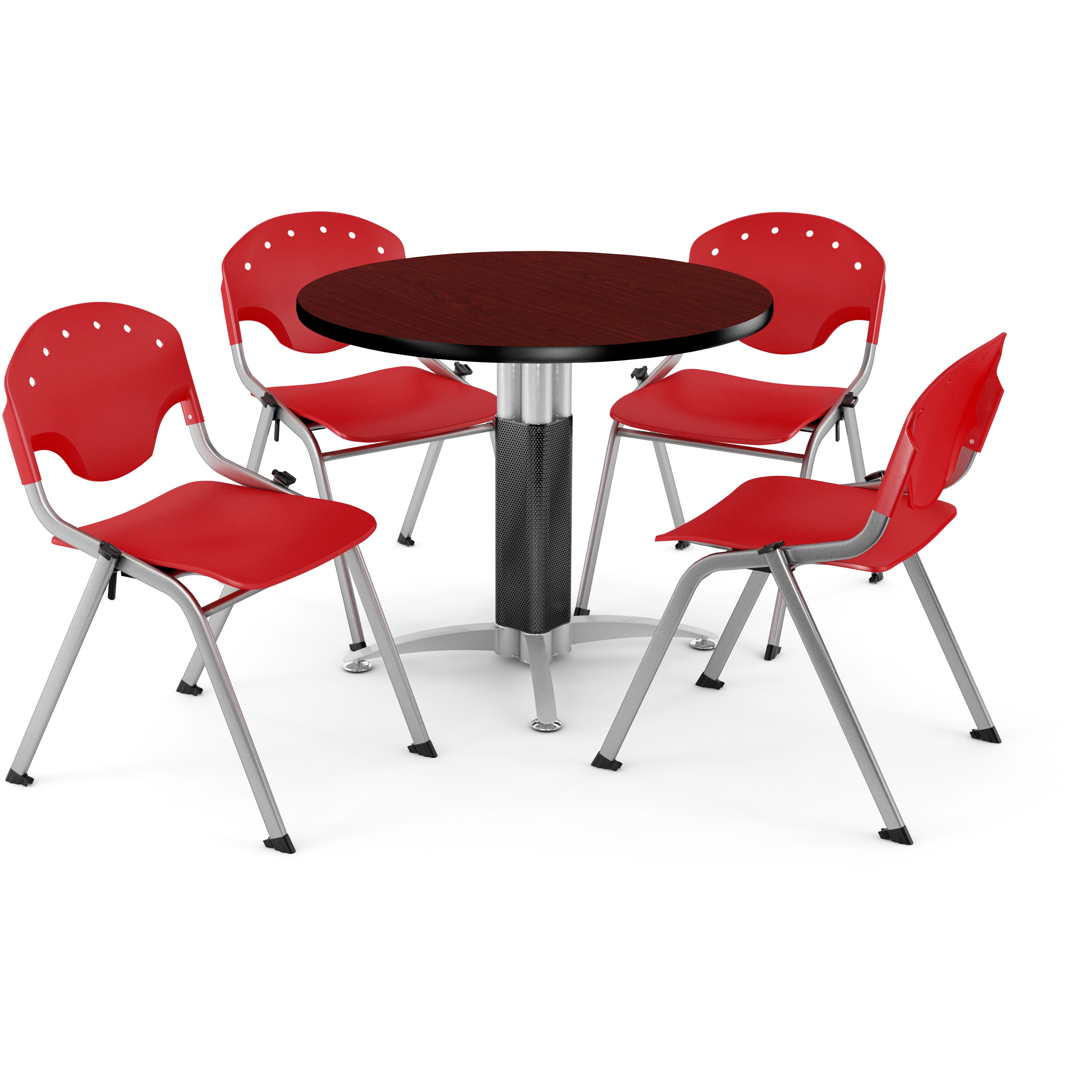 ofm core collection breakroom bundle, 36" round metal mesh base multi-purpose table in cherry, 4 rico stacking chairs in burgundy (pkg-brk-021-0003)