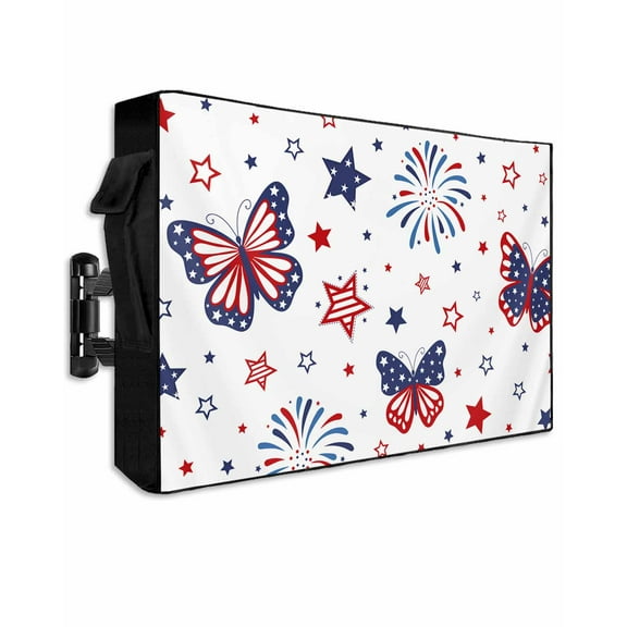 4th of July Outdoor TV Cover 52 to 55 Inch Waterproof, Butterfly Star Blue Red Fireworks Independence Day 600D Oxford TV Covers with Zipper, Outside Flat TV Screen Protector 52"Wx19"Hx4.5"D